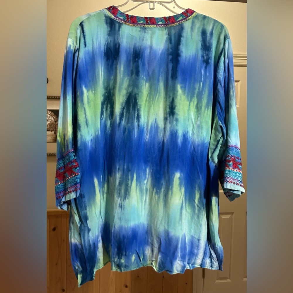 Calessa Embroidered Tunic Top Size 2X Colorful Tie Dye Bohemian Peasant Rayon - Picture 3 of 8